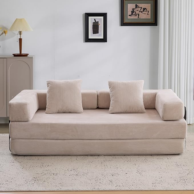Convertible Couch Sofa Bed Foldable Floor Sleeper | Modern Fold Out Couch | Removable Backrest & Armrests | No Assembly Compression Sofa Sleeper for Living Room, Bedroom | Corduroy Fabric Beige