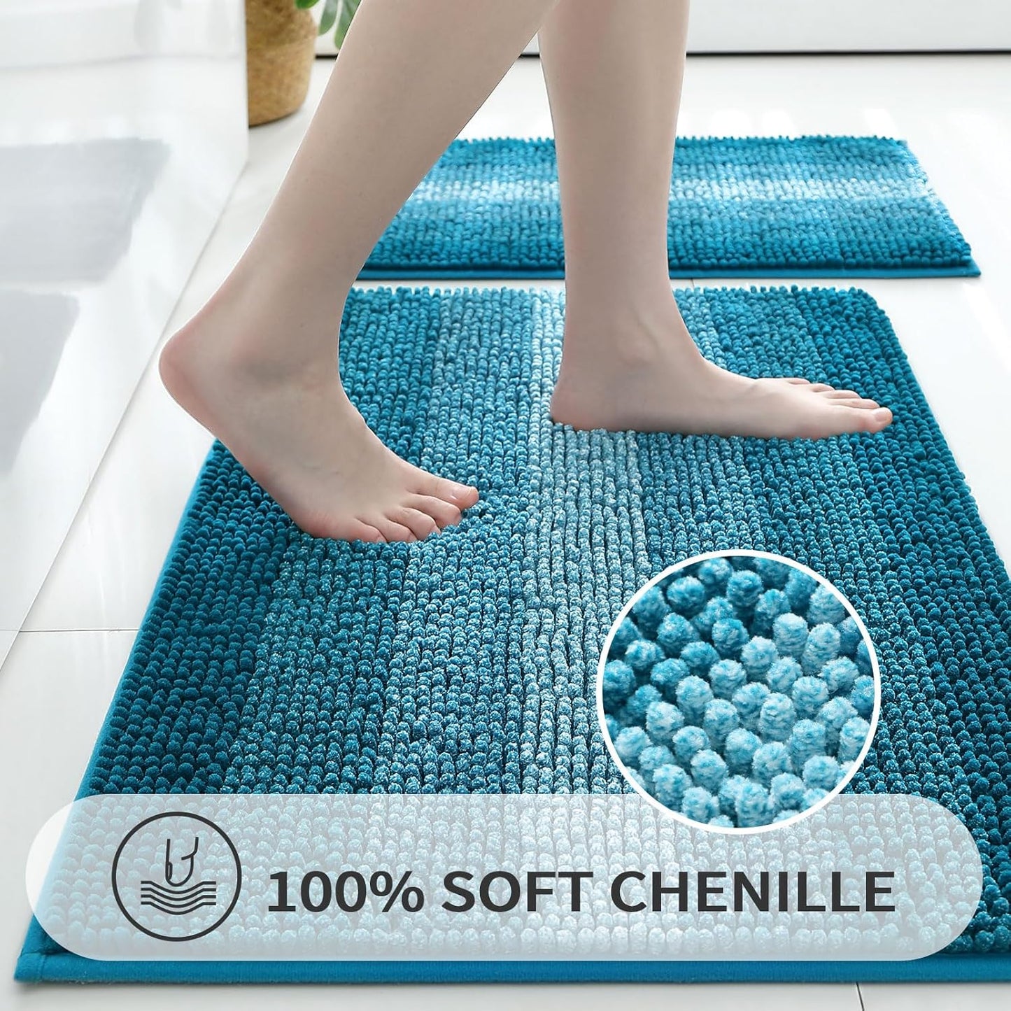 Gibelle Teal Bathroom Rugs, Luxury Chenille Bath Mat, Small Non Slip Shower Rug and Bath Room Floor Mats, Machine Washable, Quick Dry Bathmat, Soft Cozy Plush Rug for Tub, 16" x 24"