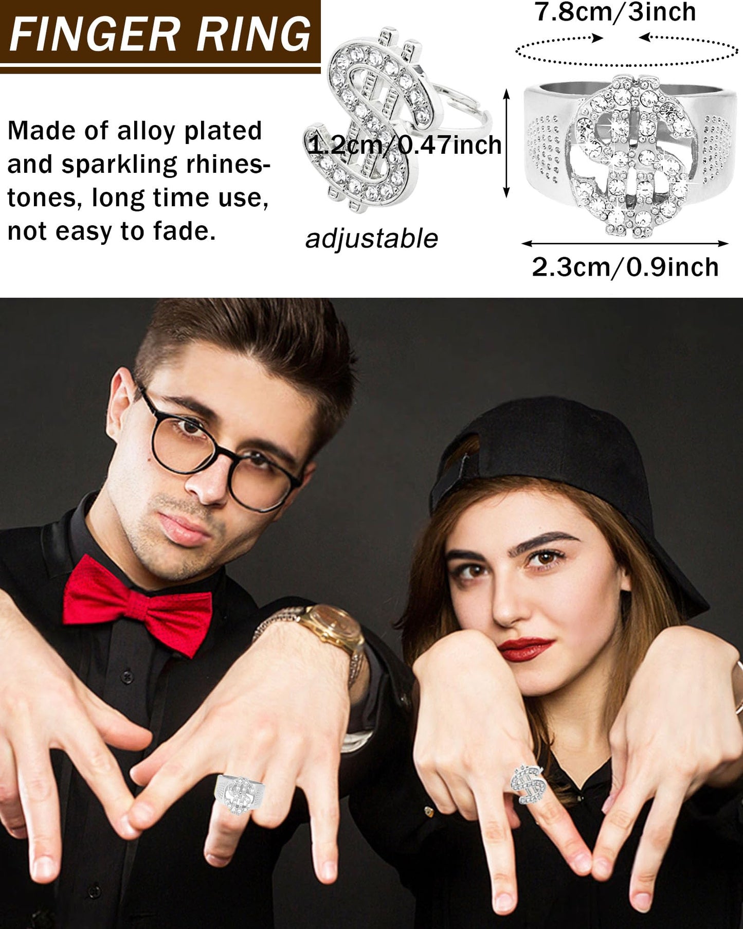 Riuziyi 6Pack 90s 80s Hip Hop Costumes Kit for Men 2000s Y2K Sunglasses Rings Hat Rapper Outfit Accessories for Themed Party (Silver)