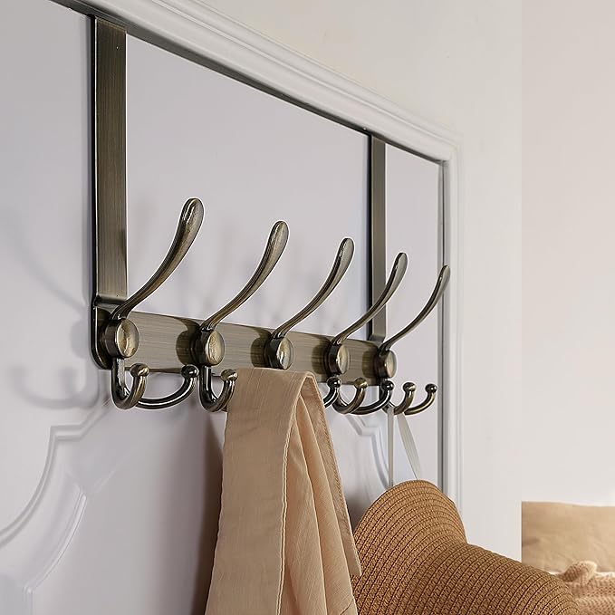 Dseap Over The Door Hook Hanger - 5 Tri Hooks, Heavy Duty Over The Door Towel Rack Coat Rack for Clothes Hat Towel,Bronze