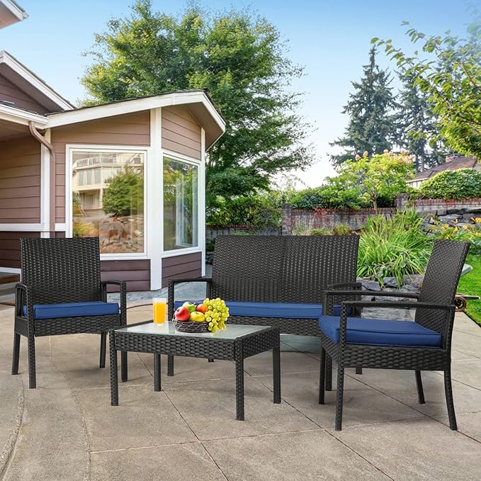 PAOLFOX4 Piece Outdoor Patio Furniture Set, Rattan Patio Conversation Set with Table,Modern Wicker Chairs and Table Sets,Outdoor Furniture for Porch, Garden, Lawn, Blue