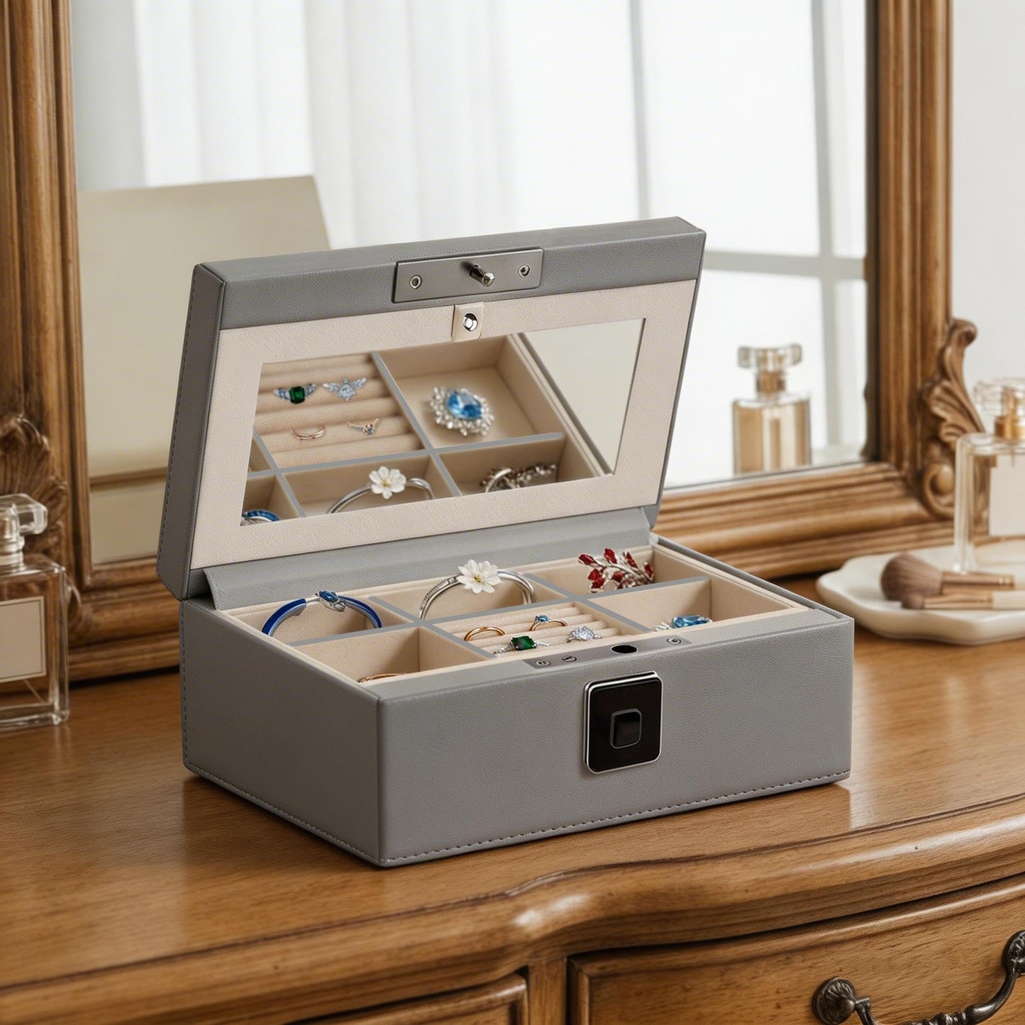 VALINIRT Jewelry Safe, Biometric Fingerprint Safe, Leather Wrapped Jewelry Box with Lock & Mirror, Ultra-Lightweight Jewelry Box Suitable for Home Use & On-the-Go(Three-Tier Gray)