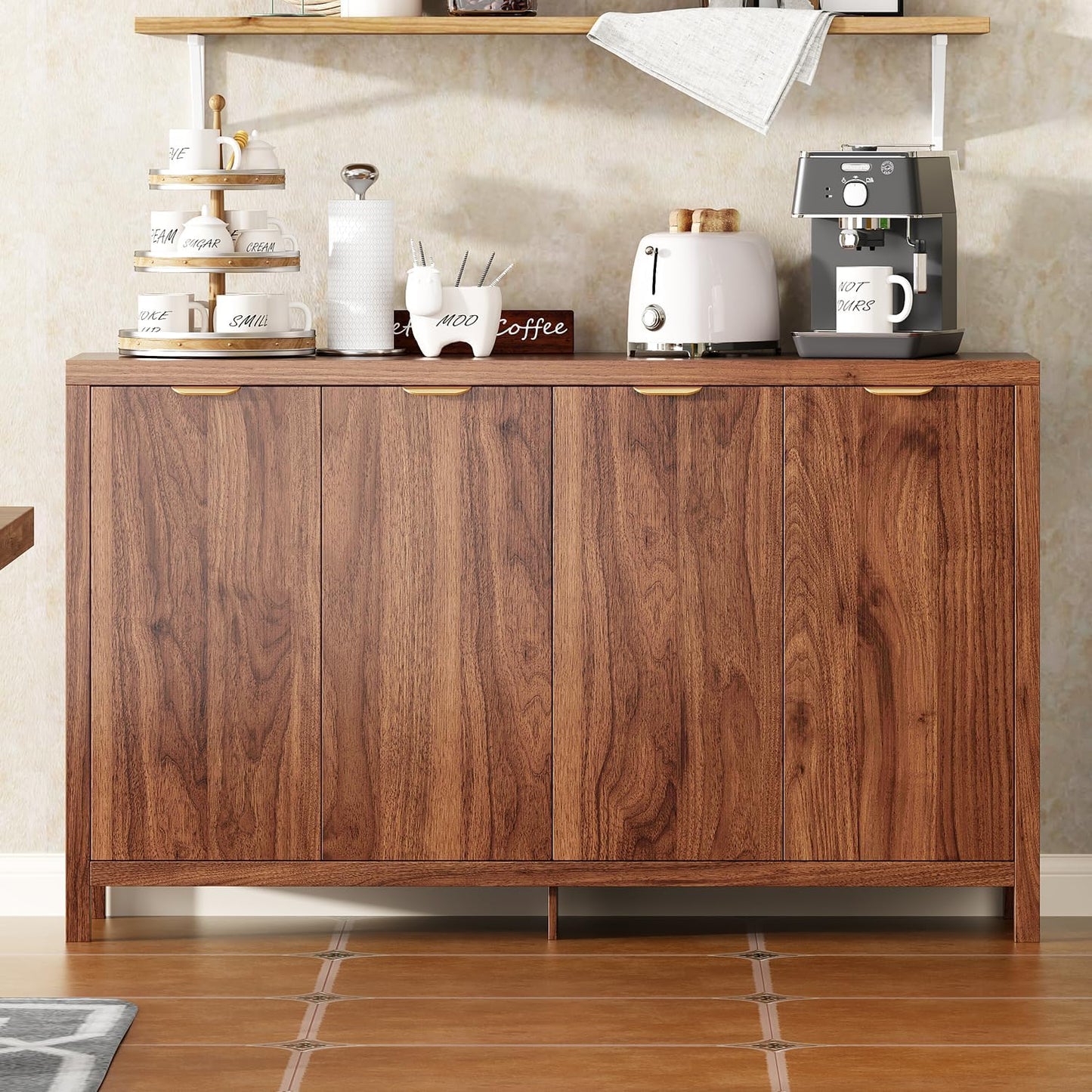 Arulvmrn Buffet Cabinet, 55" Large Sideboard Buffet Storage Cabinet with Shelves and Doors, Modern Coffee Bar Station Wood Kitchen Table for Kitchen, Dining Room,Walnut