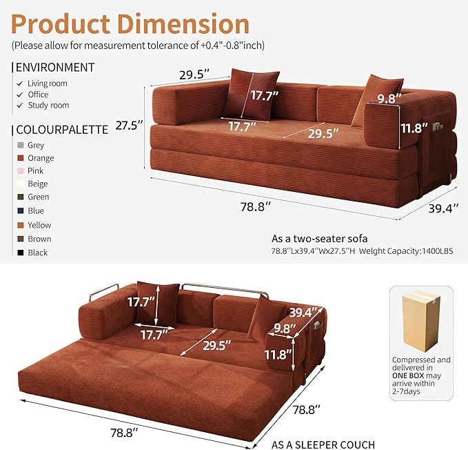 Fancyfire 78.8" Convertible Sofa Bed with Armrest Pillow,4-in-1 Sleeper Couch Bed for Livingroom,Modular Corduroy Boneless couches,No Assembly (Orange)