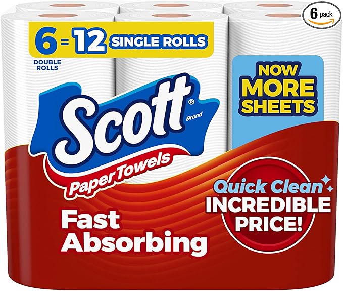 Scott Paper Towels, Choose-A-Sheet, 6 Double Rolls = 12 Regular Rolls (108 Sheets Per Roll)