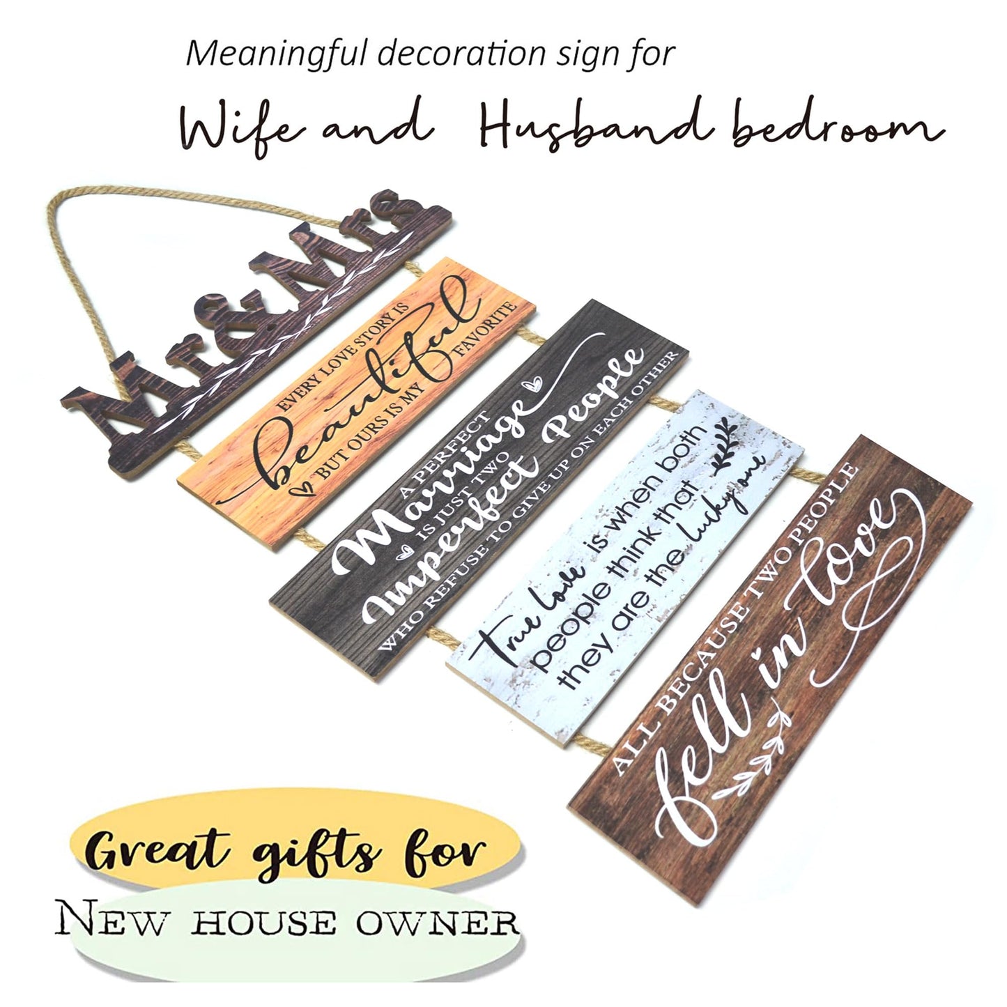 Mr & Mrs Rustic Wall Collage Sign with 5pcs Panels Strung Together - Marriage Wedding Engaged Anniversary Shower Farmhouse Distressed Wall Decor - Sweet Warming Gifts for Wife Husband Couples
