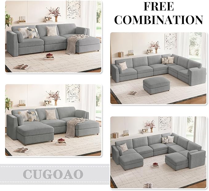 CUGOAO 153.4'' Modular Sectional Sofa, Oversized U-Shaped Sectional Couch with Ottoman, Deep Seat Chenille Cloud Couch, Mordern Upholstered Couches for Living Room, Apartment, Office, Grey