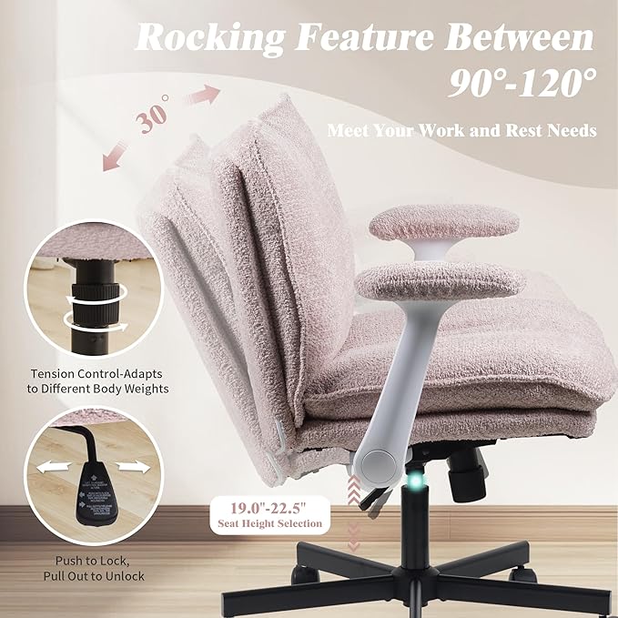 Kassipo Criss Cross Legged Office Chair with Wheels and Flip-Up Arms, Upholstered Criss Cross Desk Chair, Wide Seat Chairs for Home Office, Vanity, Apartment, Pink