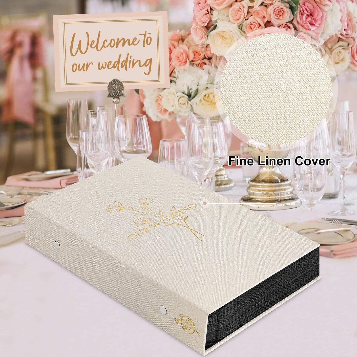 Lanpn Wedding Photo Album 4x6 300 Pocket Photos Slip in, Linen Cover Large Capacity Newlywed Marriage Album Hold 300 Horizontal Photos (Flower, Beige)