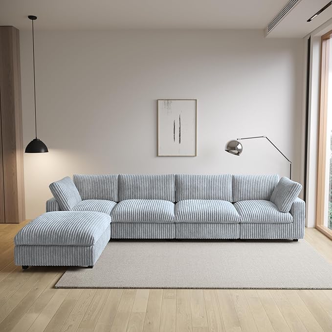 Modular Sectional Sofa/ 158inch Cloud Couches with Ottoman for Living Room/Soft Faux Rabbit Fur L Shaped Couch with Chaise,5 Seater Wide Convertible Sofa,Covers Washable&Replaceable,Grey