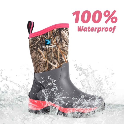 Trudave Rubber Rain Boots for Women, Neoprene Insulated Mud Work Boots, Anti-slip Breathable Mid-calf Womens Waterproof Boots for Garden, Water Fishing, Pink, Size 10