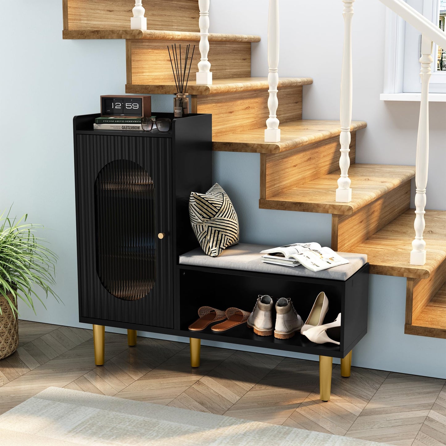 HLR Storage Bench with Glass Door&Shelf, Modern Entryway Shoe Cabinet Bench with Padded Seat, L-Shaped Storage Cabinet for Hallway, Bedroom, Living Room, Office, Black