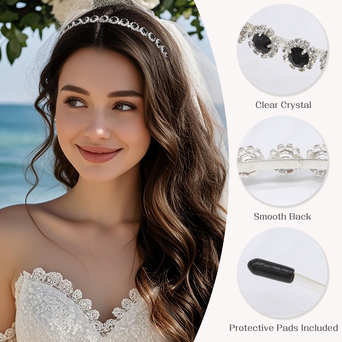 Ammei Headpiece Bridal Headpiece Wedding Headband with Crystal and Hair Accessories (Black, 5.5 ' ')