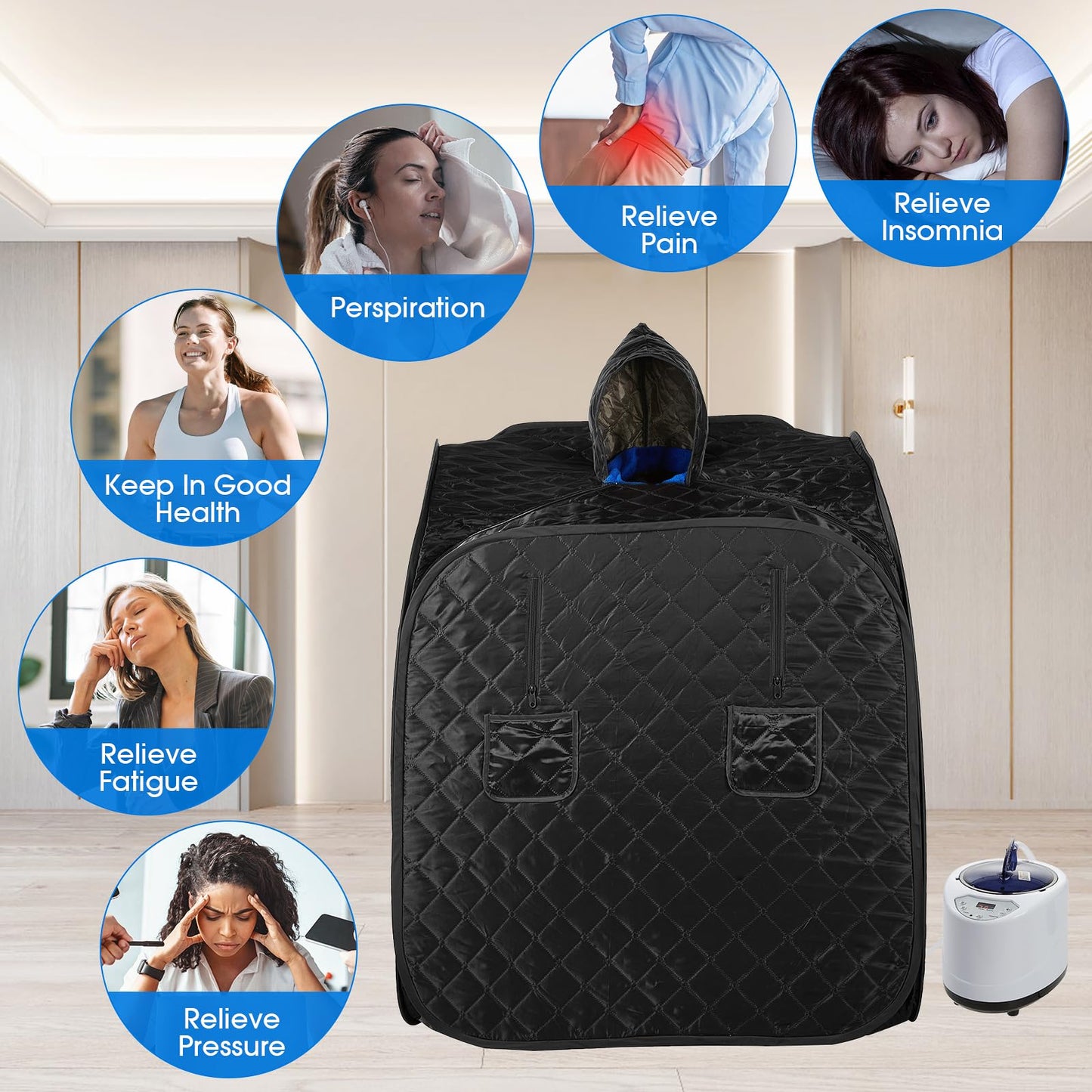 VARIPOWDER Portable Steam Sauna for Home Spa, Sauna Tent with Steamer Generator 2.6L 1000W Foldable Saunas Box, 90 Minute Timer, Chair, Remote Control Included(Black)