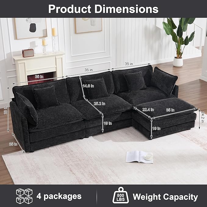 KIVENJAJA 111.5”W Chenille L-Shaped Modular Sectional Sofa, Modern 3-Seater Comfy Deep Seat Cloud Couch with Ottoman/Chaise & 5 Pillows for Living Room Office Apartment, Black