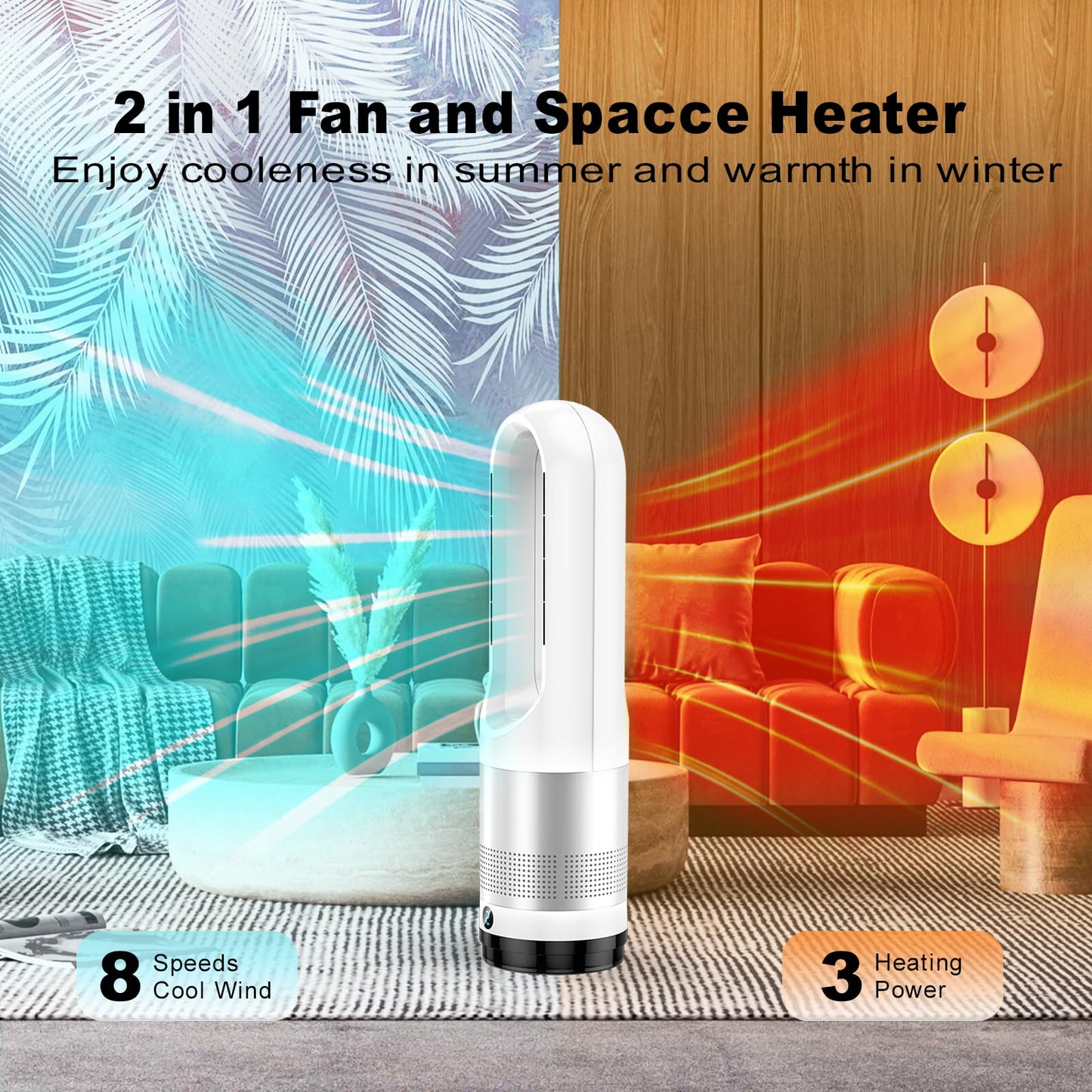 Bladeless Tower Fan, 1400W Space Heater & 40W Cooler Fan Combo with Remote, 80°Oscillation, 8 Speeds and 3 Heating Modes, 9H Timer, LED Display, Fast Safety Heat and Quiet for Bedroom, Kitchen, Office