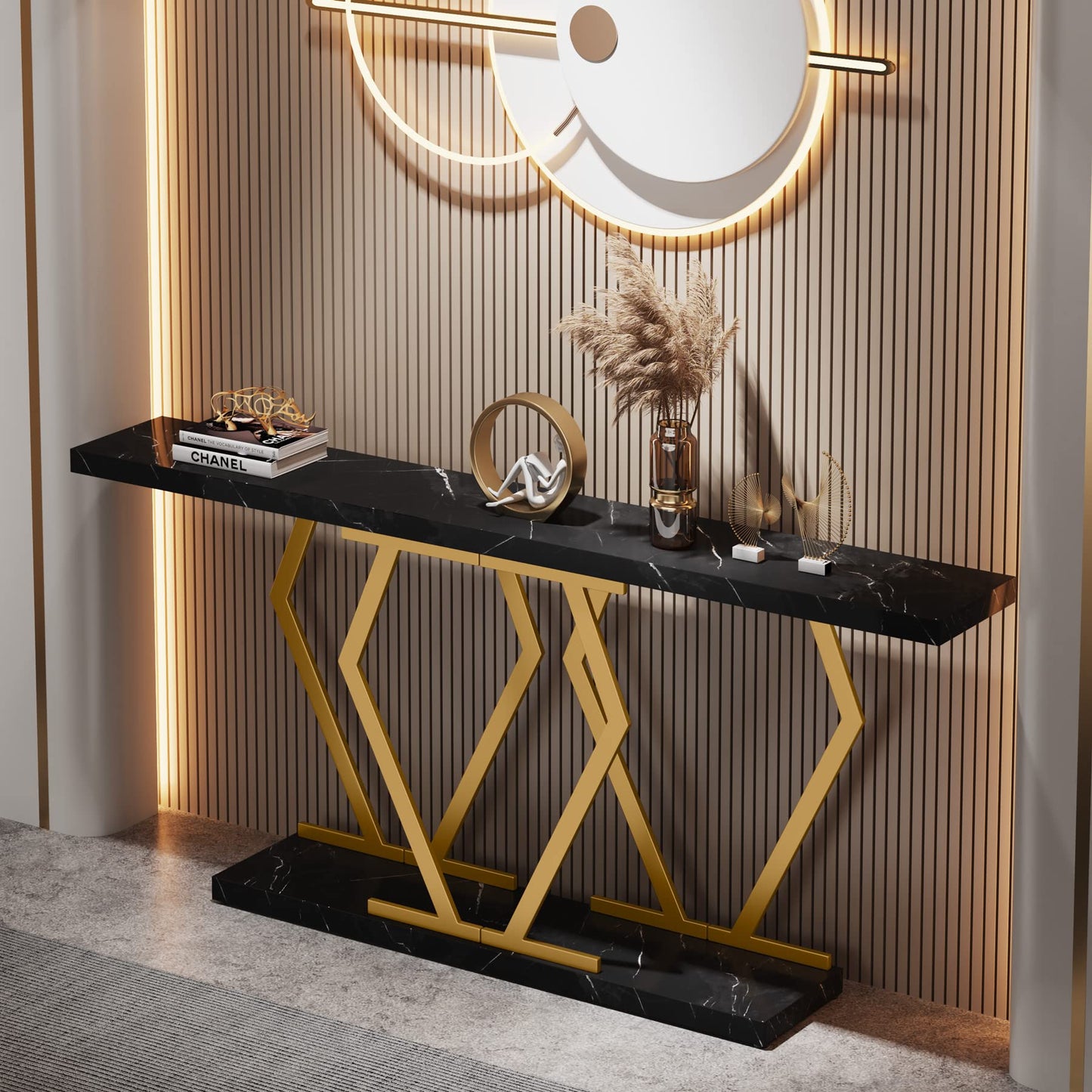Tribesigns 70.9 Inch Extra Long Sofa Table，Black and Gold Console Table with Faux Marble Tabletop, Modern Long Entryway Table with Gold Frame