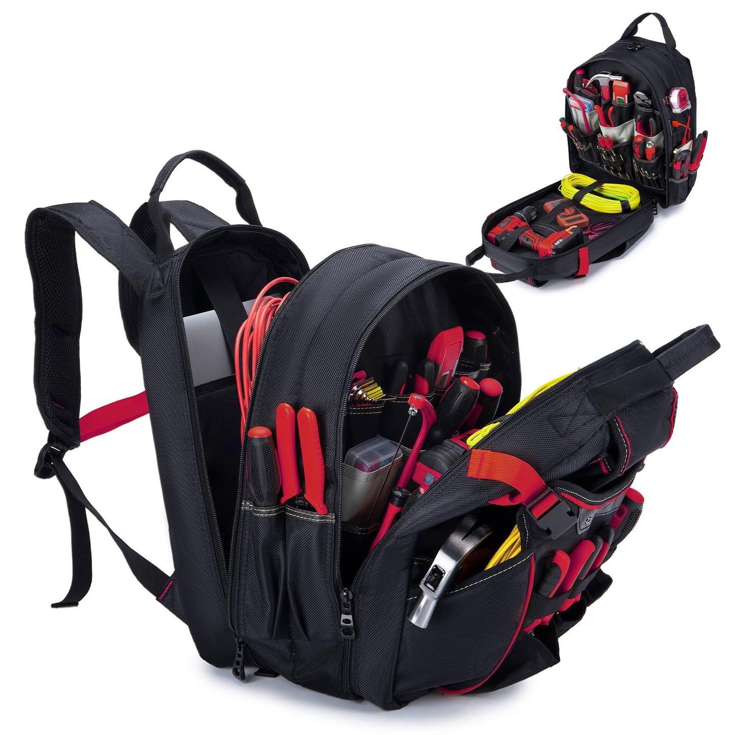 BAGZY Tool Bag Backpack for Men Tool Backpack Heavy Duty with Laptop Compartment Waterproof Electrician Backpacks With USB Port for Repairman Industrial & Construction Work Storage Organization Red