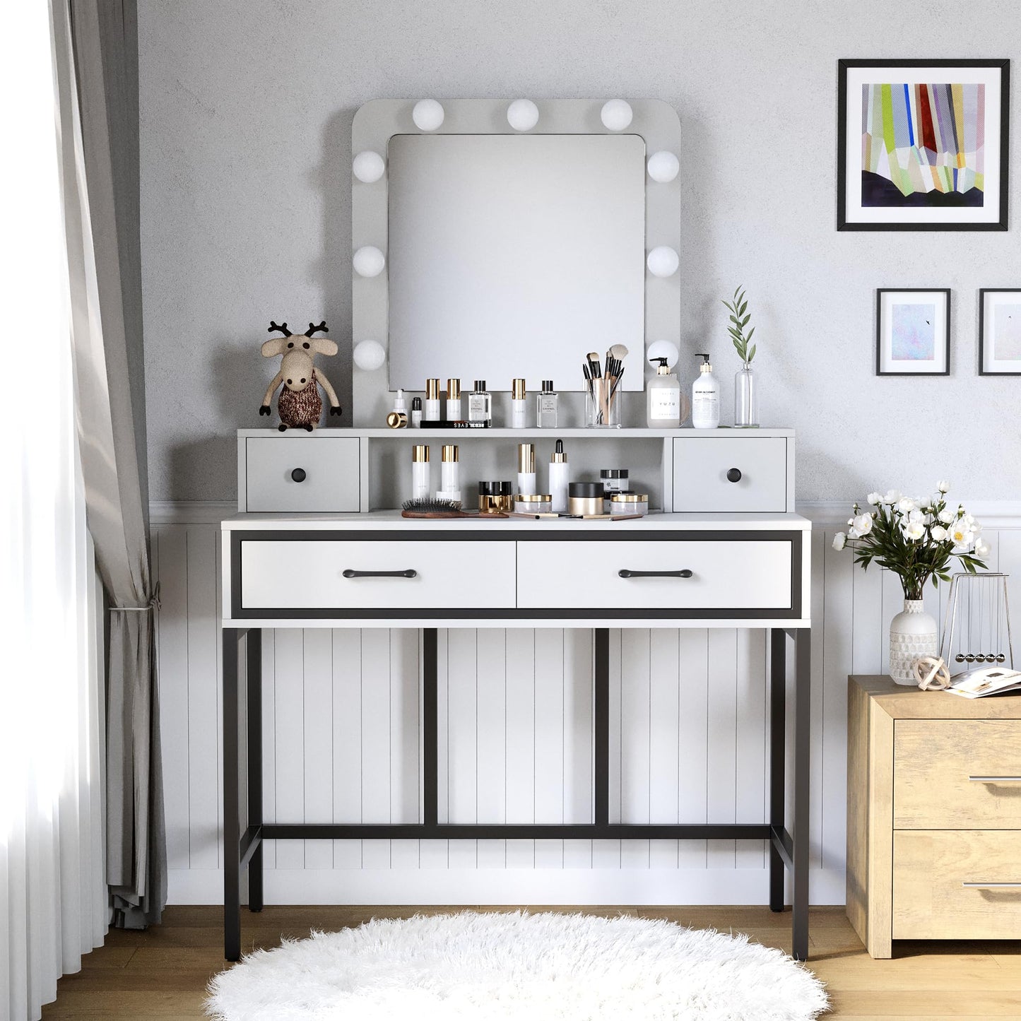 RoyalCraft Vanity Desk with Mirror and Lights, Makeup Vanity with 3 Color Dimmable Lighted Hollywood Mirror, White Makeup Table with 4 Drawers, Large Dressing Table for Women Girls