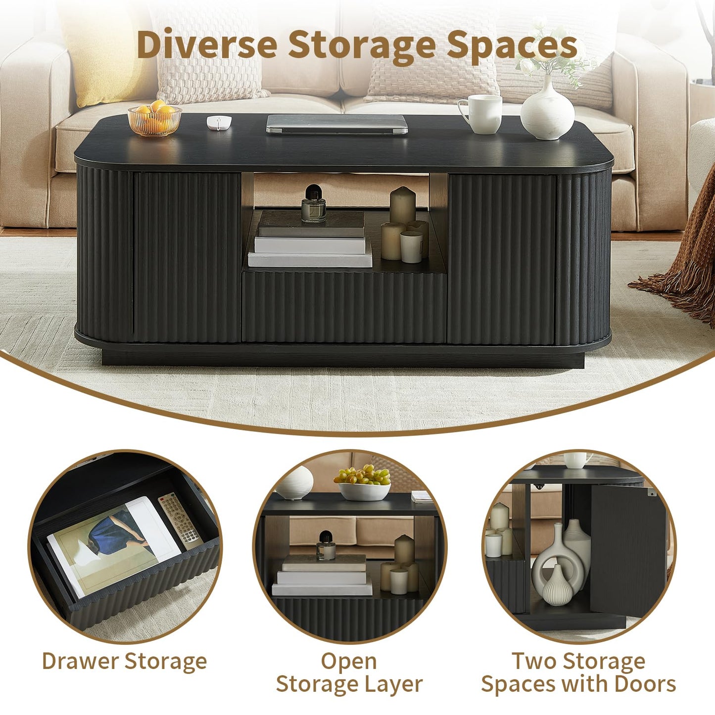 SZTHHDF 46.5" Coffee Table with Storage, Mid Century Modern Coffee Table with Drawer Wave Pattern Center Table with Door for Living Room, Office, Apartment, Black