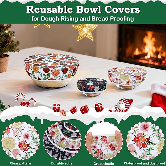 5-Size Beeswax Bowl Covers for Bread Proofing, Reusable Cotton Cloth Bowl Covers, Flexible Beeswax Wraps for Food Storage Christmas Holiday Kitchen Decor(Holly)