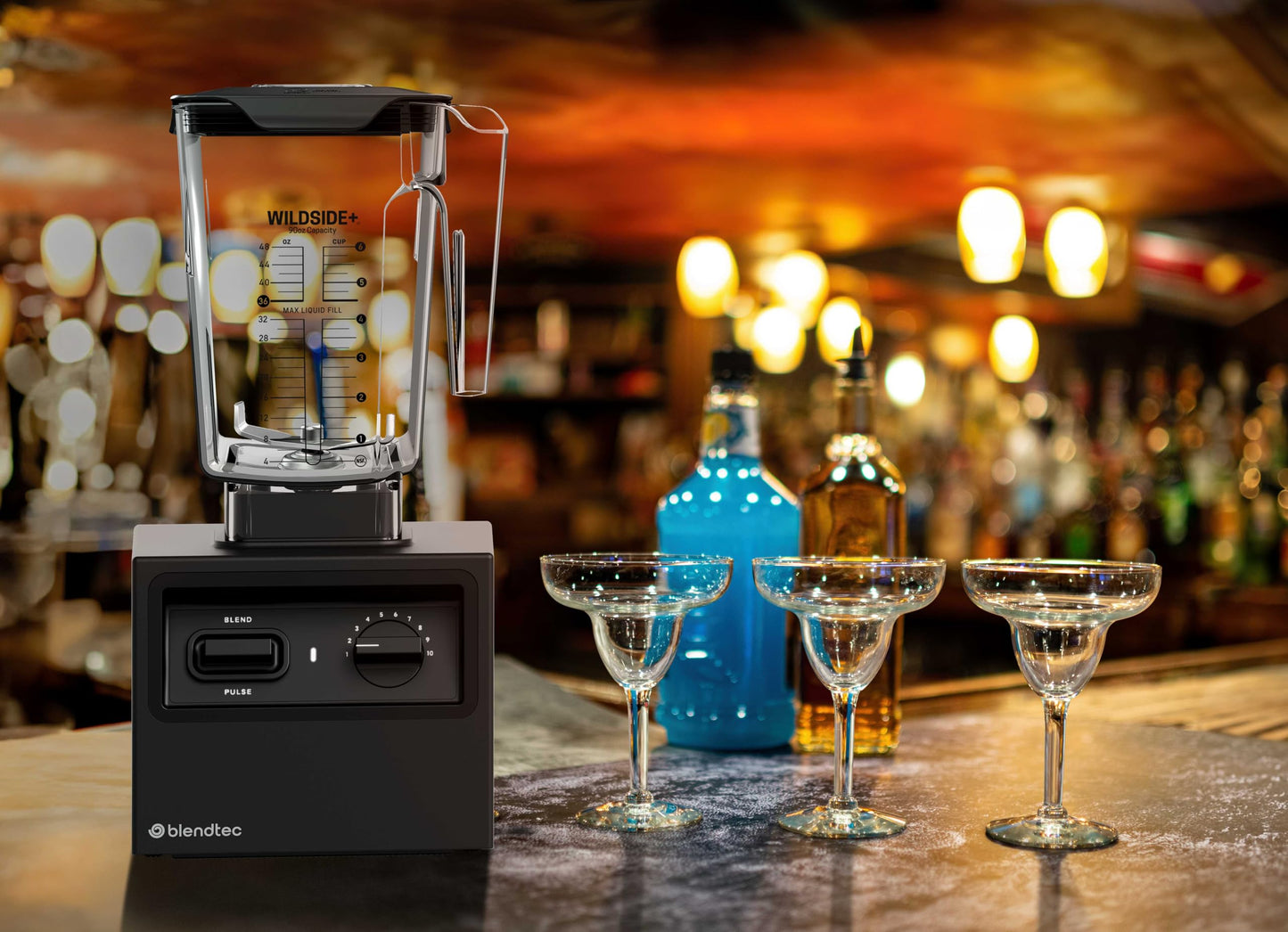 Blendtec Bar Blender Commercial Grade with 90oz Total Capacity Wildside+ Jar with cone lid – Easy to use with powerful motor for smooth textures - Black