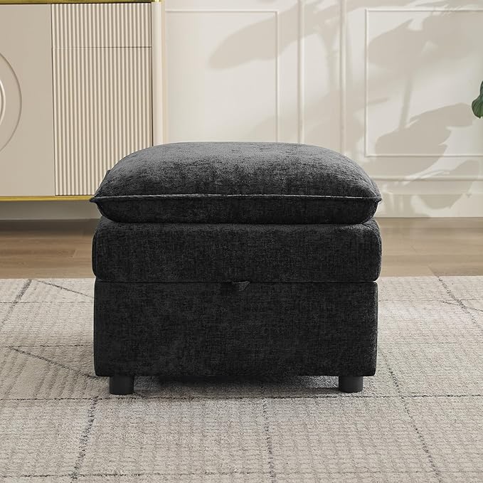 27" Cloud Sectional Modular Couch Ottoman with Storage, Upholstered Footrest with Anti-Slip Legs Large, Chenille Square Ottoman for Living Room, Bedroom, Entryway, Black