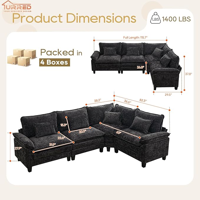 URRED Cloud Couch Modular Sectional Sofa, 116" Modern L Shaped Deep Seat Sofa with Pillows, Ultra Comfy Chenille Corner Couches for Living Room, Bedroom or Apartment, Black