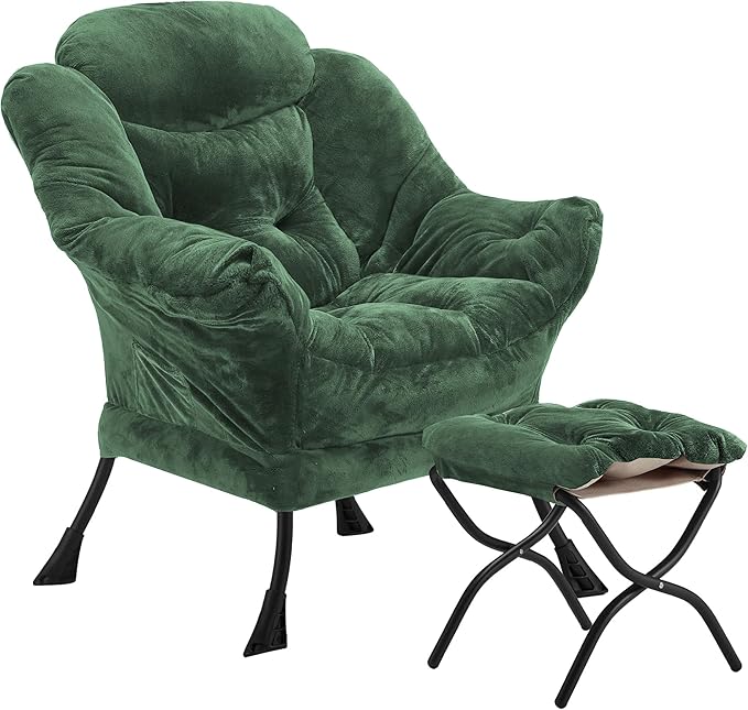 Youtanic Lazy Chair with Folding Ottoman, Accent Chair Plush Upholstered with Metal Structure and Non-Slip Pads, Sofa Armchair with Footrest and Side Storage Bag for Dorm, Room, Office, Green