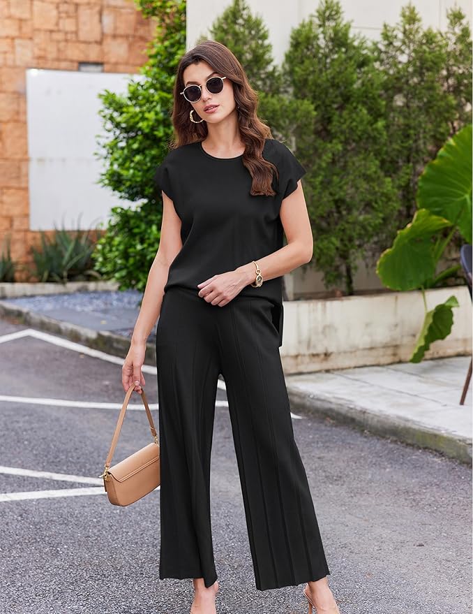 Ekouaer Lounge Sets for Women Two Piece Outfits Knit Cap Sleeve Tops Wide Leg Pleated Pants Casual Dressy Sweater Sets