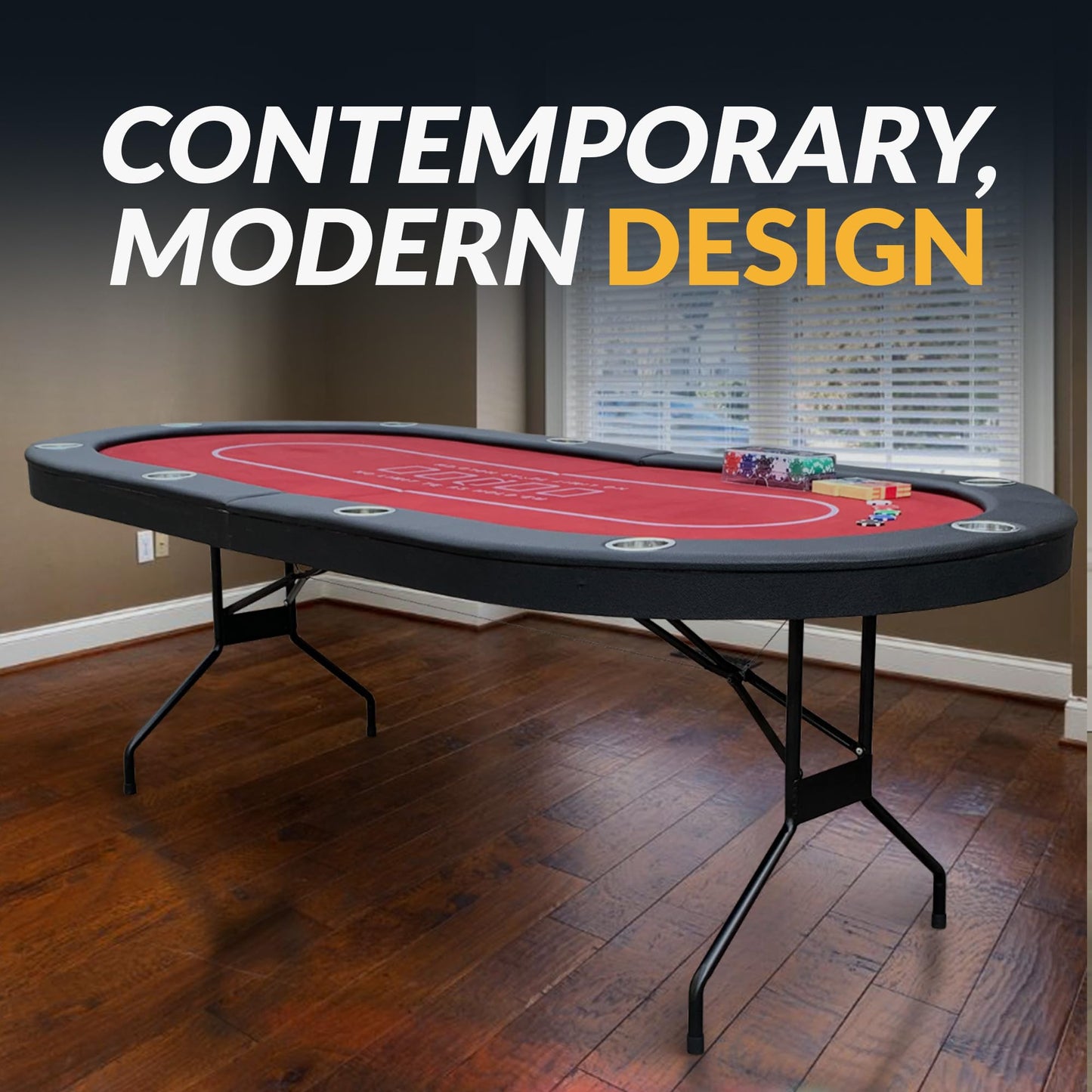 Hathaway Fourth Street Folding Texas Holdem Table – 10-Player Quick Folding Poker Table with Burgundy Felt Padded Surface – Includes Playing Cards, Clay Chip Set & Carrying Bag – Red
