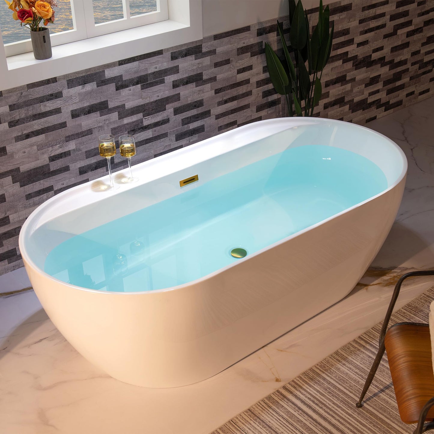 WOODBRIDGE 72" Acrylic Freestanding Bathtub Contemporary Soaking White Tub with Brushed Gold Overflow and Drain,B0059-BG
