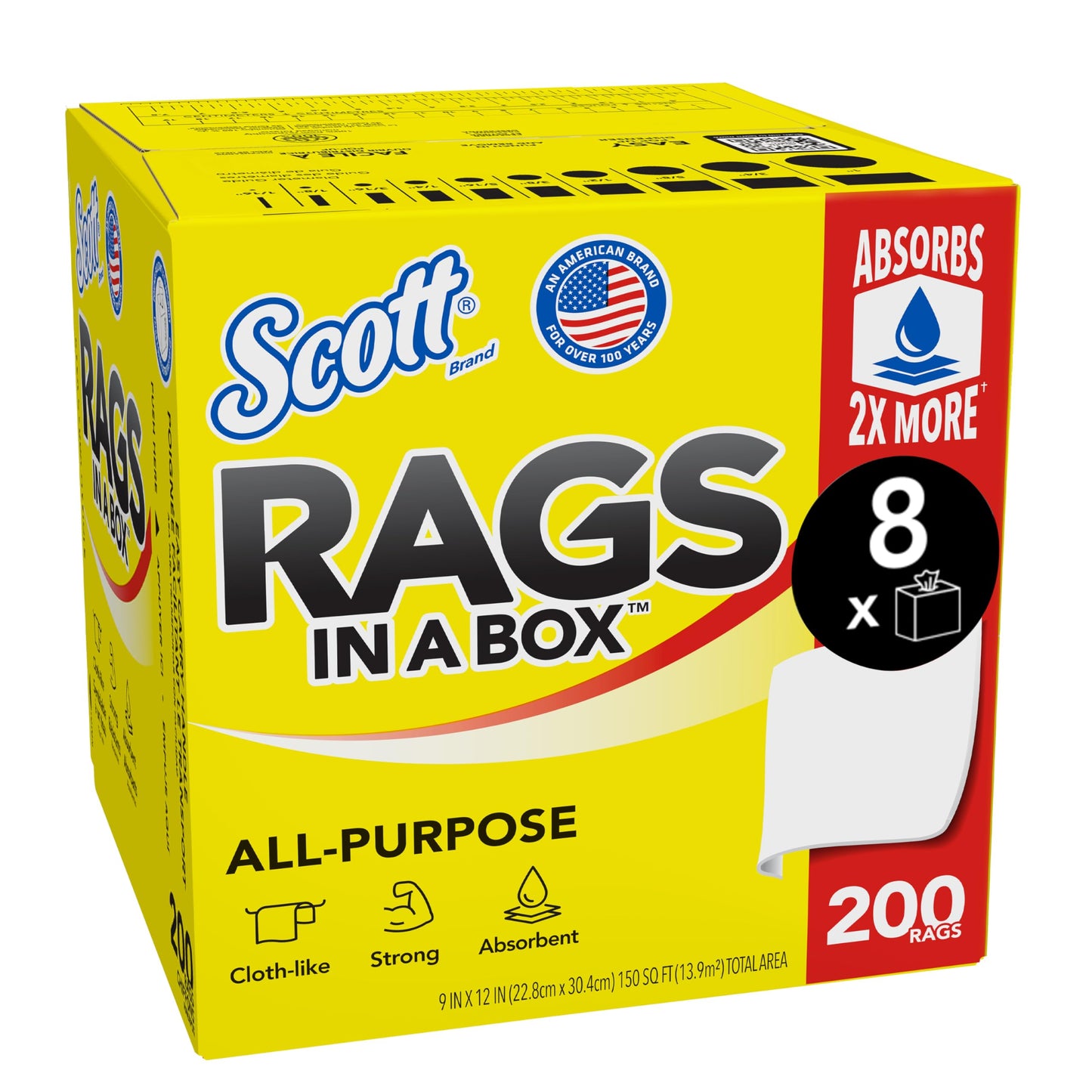 Scott Rags In A Box (75260), All-Purpose Towels, Large 9"x12" Paper Towel, Pop-Up Box (8 Boxes of 200 Sheets, 1,600 Sheet Total)