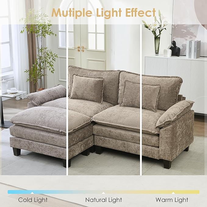 URRED Cloud Couch Modular Sectional Sofa, 87" Modern L Shaped Deep Seat Sofa with Ottoman & Pillows, Ultra Comfy Chenille Couches for Living Room, Bedroom or Apartment, Khaki