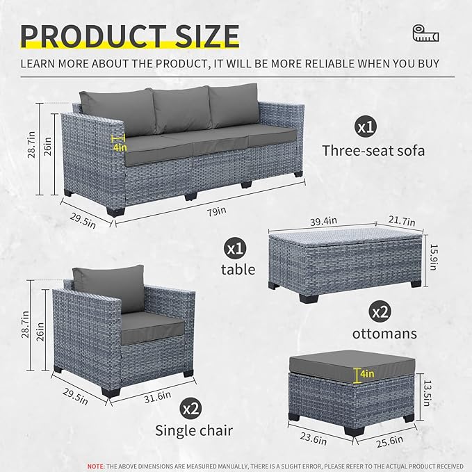 Lviden 6 Pieces Wicker Patio Furniture Sets Outdoor Conversation Set HDPE Rattan Sectional Sofa Couch with Storage Table and Grey Cushions
