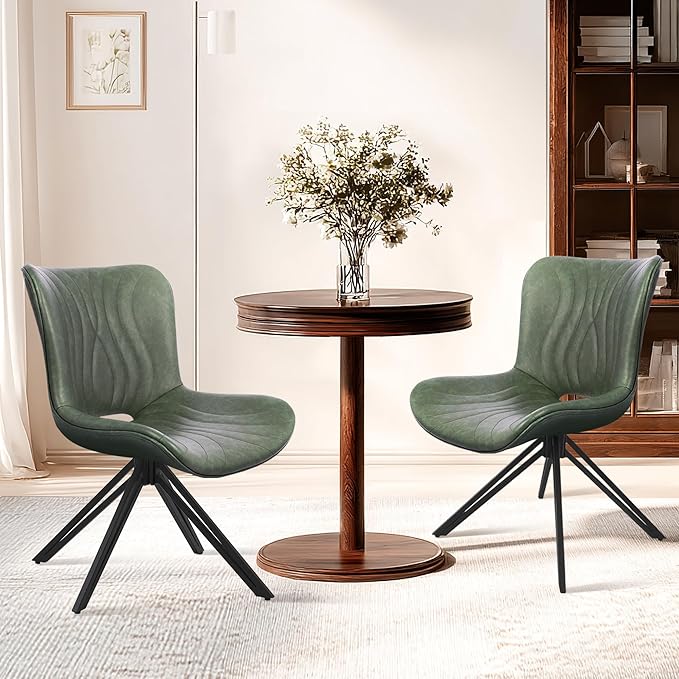 VATROS Dining Chairs Set of 2, 360° Swivel Armless Faux Leather Accent Chairs with Padded Back and Metal Legs, Mid-Century Modern Kitchen, Dining Room, Living Room, Bedroom Green