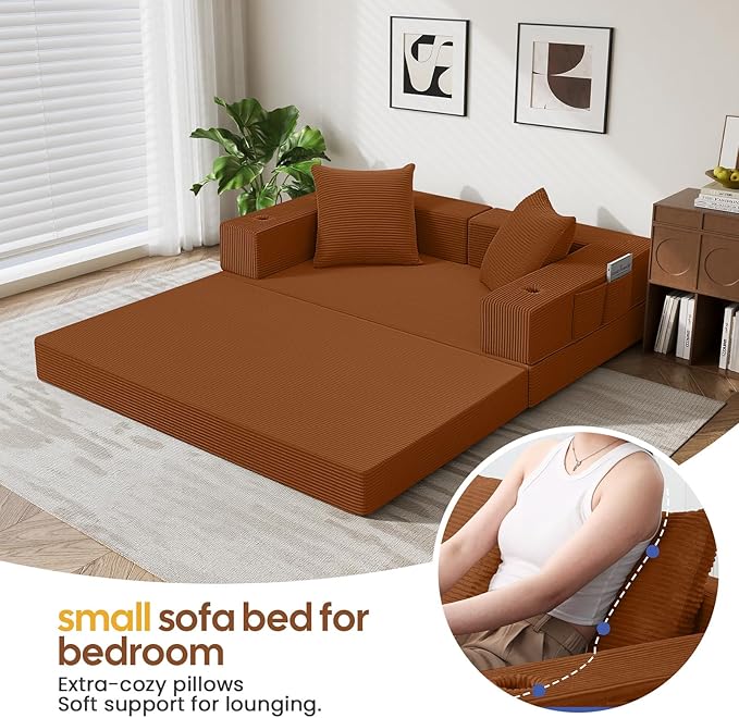 COMAX Futon Sofa Bed, 4‑in‑1 Convertible Sofa Bed, Folding Boneless Couches for Living Room, Fold Out Small Foldable Loveseat Floor Sleeper Comfy Mattress Lounge Space‑Saving, Orange