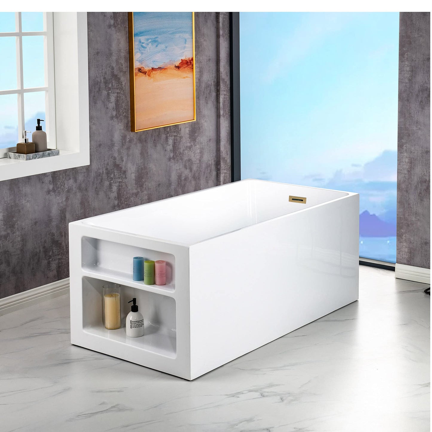 WOODBRIDGE 59" Acrylic Freestanding Bathtub Contemporary Soaking White Tub with Brushed Gold Overflow and Drain，BTA0081-BG-Drain&O