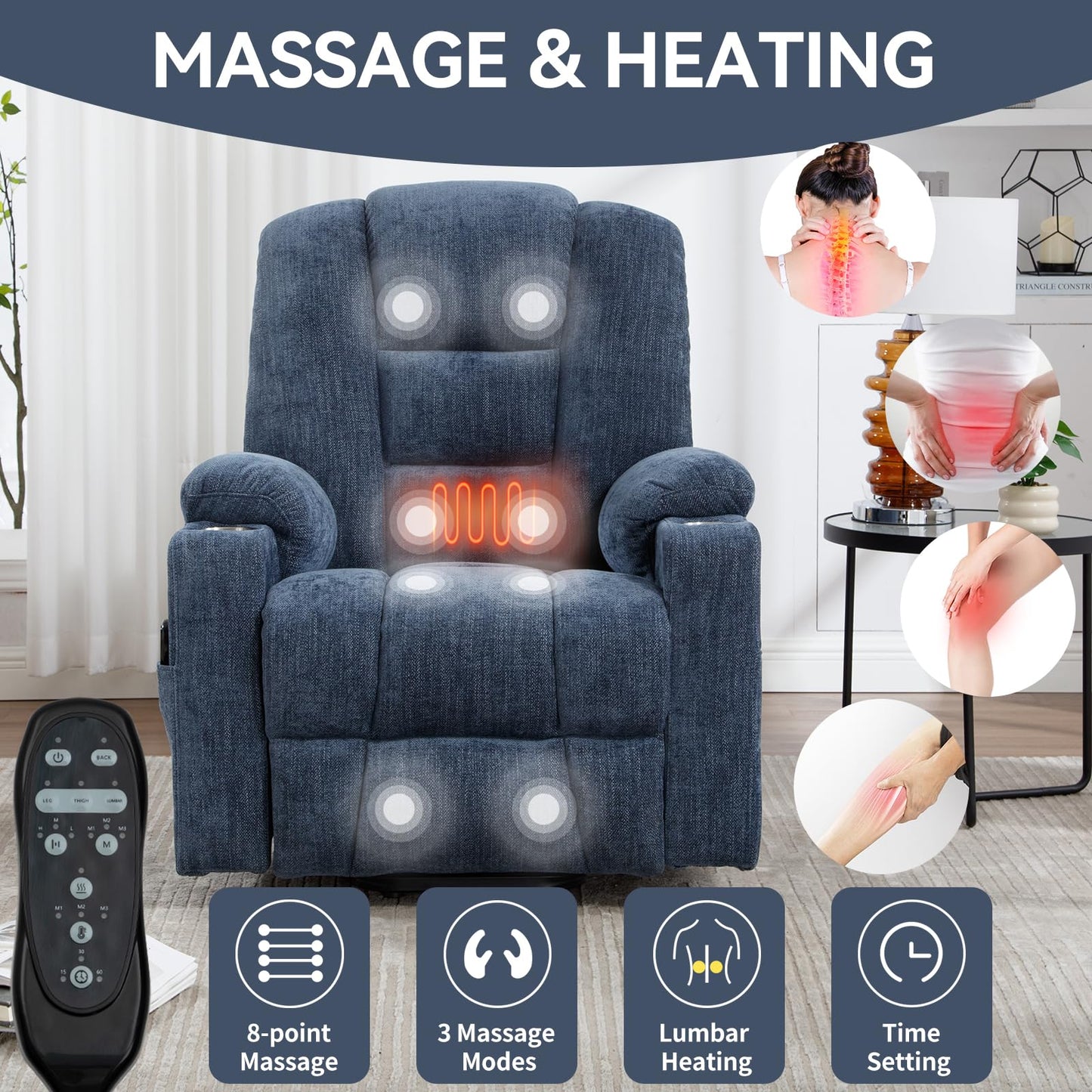 KEIKI Oversized Power Lift Recliner Chair with Heat & Massage, Reding Rocking Chair for Adult, High Seat Chenille Recliner with Side Pocket, USB Port, Cup Holder, Lumbar Support for Living Room, Blue