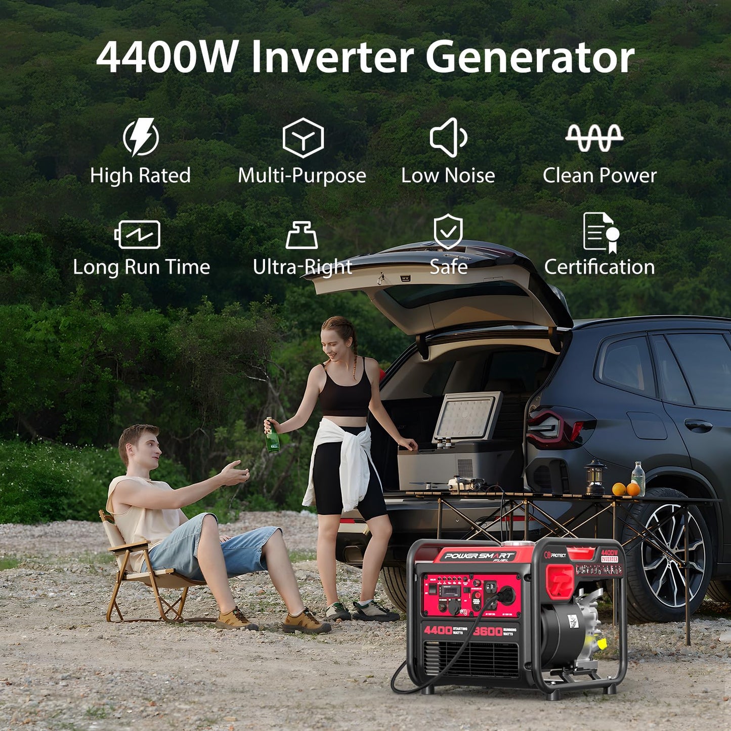 Powersmart 4400-Watt Gas Powered Portable Inverter Generator, Co-Sensor, Lightweight For Home Use And Emergency Backup, Camping,