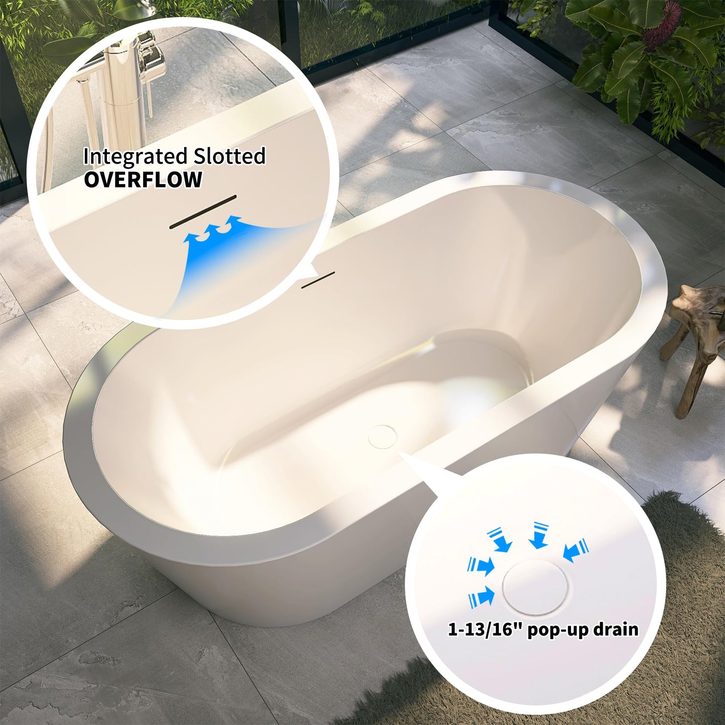 Yinzanw 64" Acrylic Free Standing Tub, Stand Alone Tub, Freestanding Bathtub, Soaking Bathtub, cUPC Certified, LT(Glossy White)