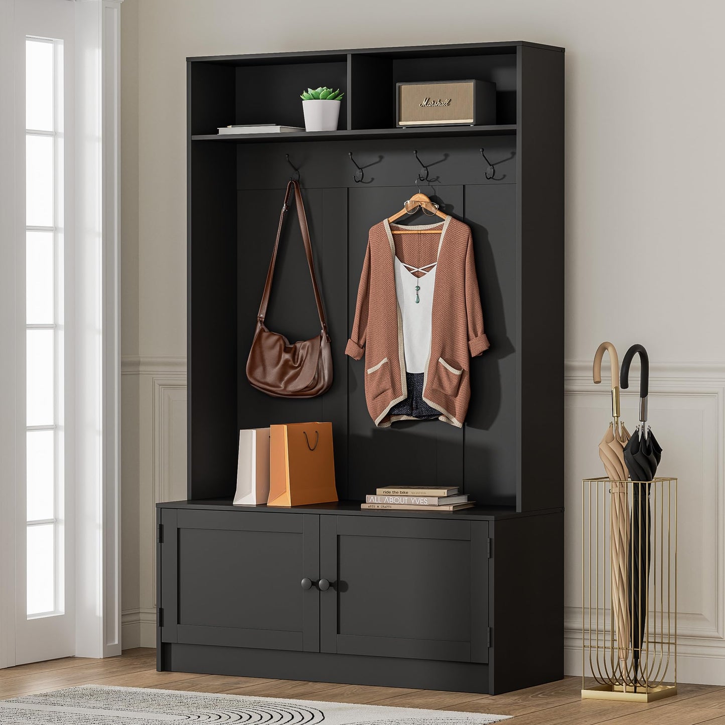 MHOM Black Hall Tree with Storage, 65" Tall Entryway Bench with Shoe Storage, Coat Rack and Top Shelf, Freestanding Wooden Hall Tree with Bench for Entryway, and Hallway
