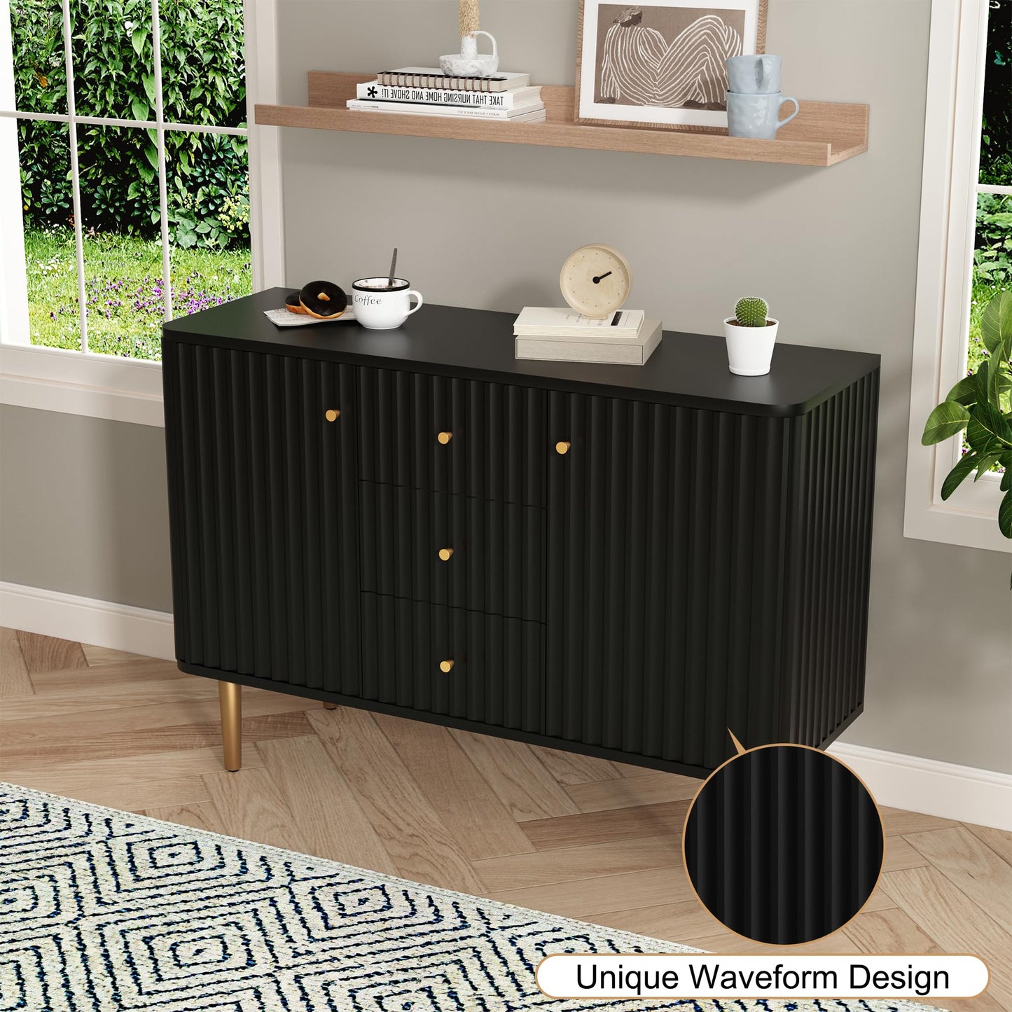 ARTPOWER Sideboard Buffet Cabinet with Drawers, 48" Fluted Accent Storage Cabinet, Modern Credenza for Entryway, Kitchen, Living Room, Black