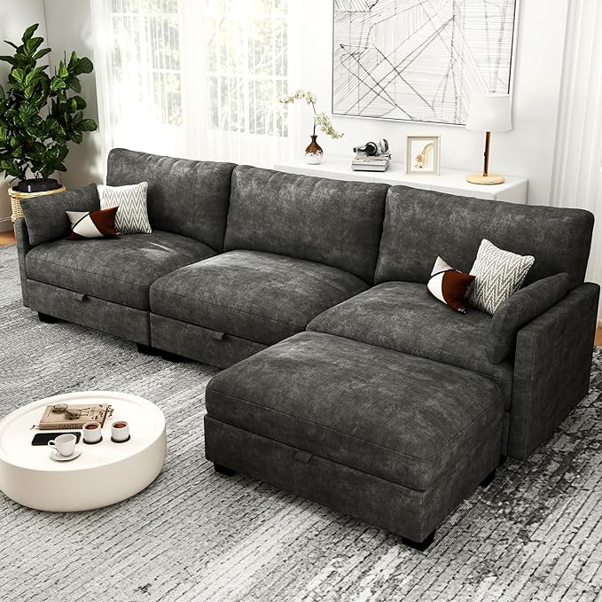 OhaiAura Modular Sectional L Shaped Sofa Couches for Living Room, Cloud Couch with Storage Ottoman, Comfy Chenille Sofa with Pillow, Dark Gray