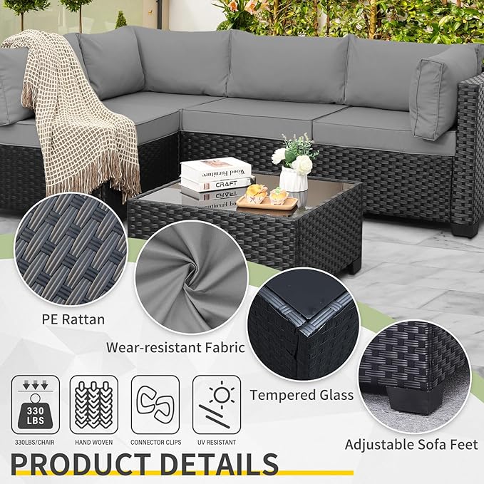 WAROOM Outdoor Patio PE Wicker 5 Piece Furniture Set, Black Rattan Sectional Conversation Sofa Chair with Coffee Table, Grey Cushion