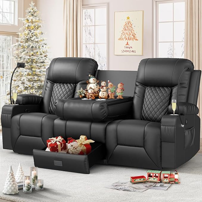 FURNIMAT Loveseat Recliner Sofa, Modern Dual Reclining Sofa with Flip Back Console, 3 Seater PU Leather Loveseat Couch for Living Room/RV, with Storage, USB Ports, Cup Holder, Cell Phone Holder, Black