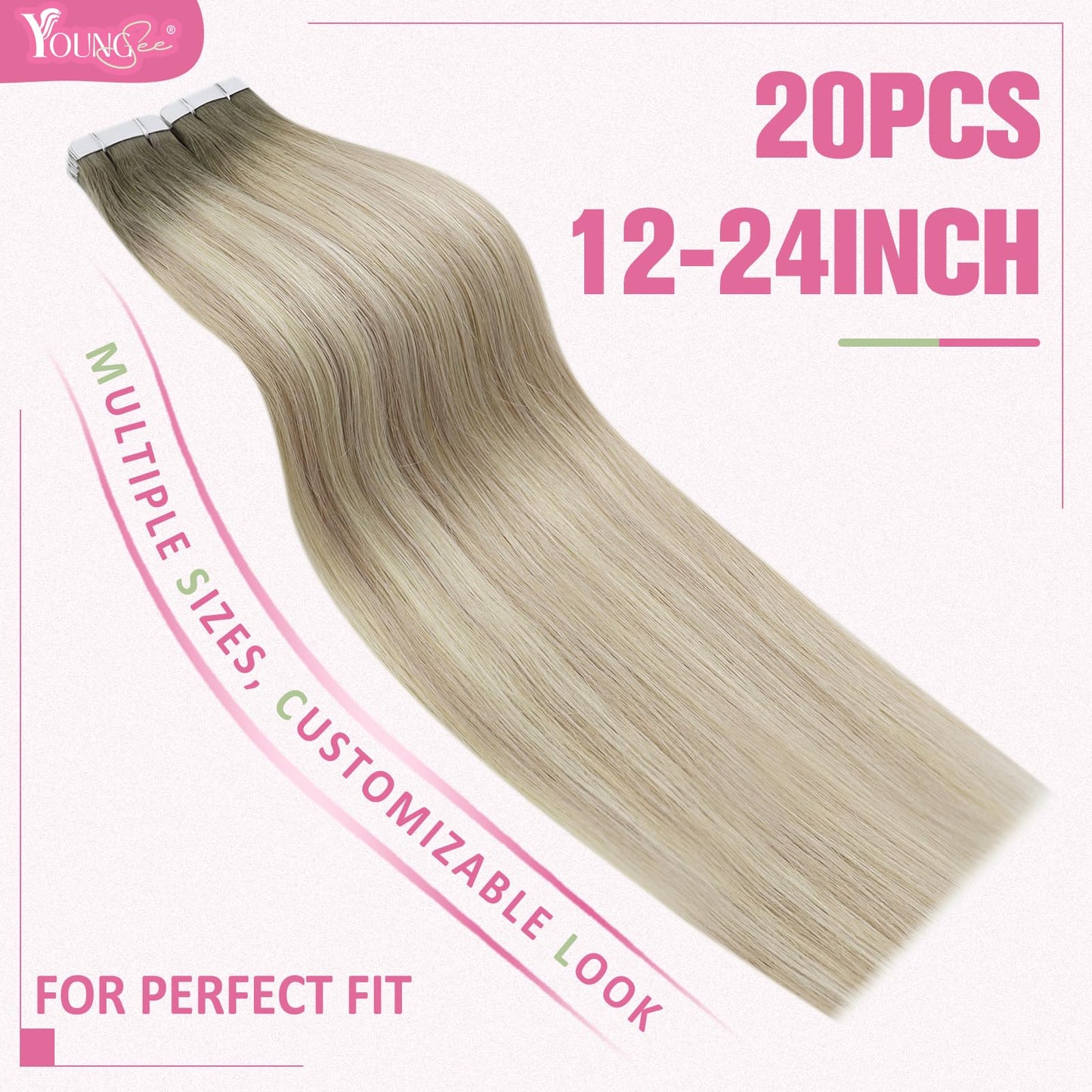 YoungSee Tape on Hair Extensions Balayage Ash Blonde Ombre Platinum Blonde Tape in Hair Extensions Real Human Hair Balayage Tape