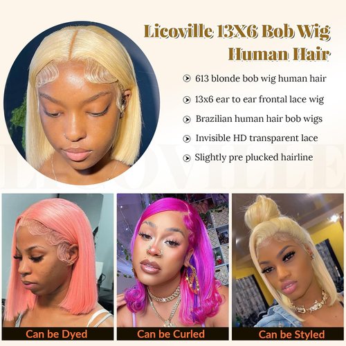 613 Bob Wigs 13x6 Blonde Lace Front Wig Human Hair Bob 180% Density Straight 613 Blonde Wig Human Hair Free Part Pre Plucked 14 Inch HD Transparent Blunt Cut Lace Front Bob Wigs for Black Women