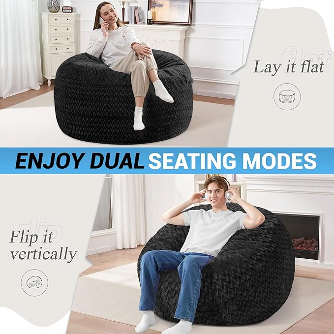 HABUTWAY 3FT Bean Bag Chair,Giant Bean Bag Chairs for Adults,Big Bean Bags with Memory Foam Filled, Large Beanbag Chairs with Chevron Plush Cover-Black