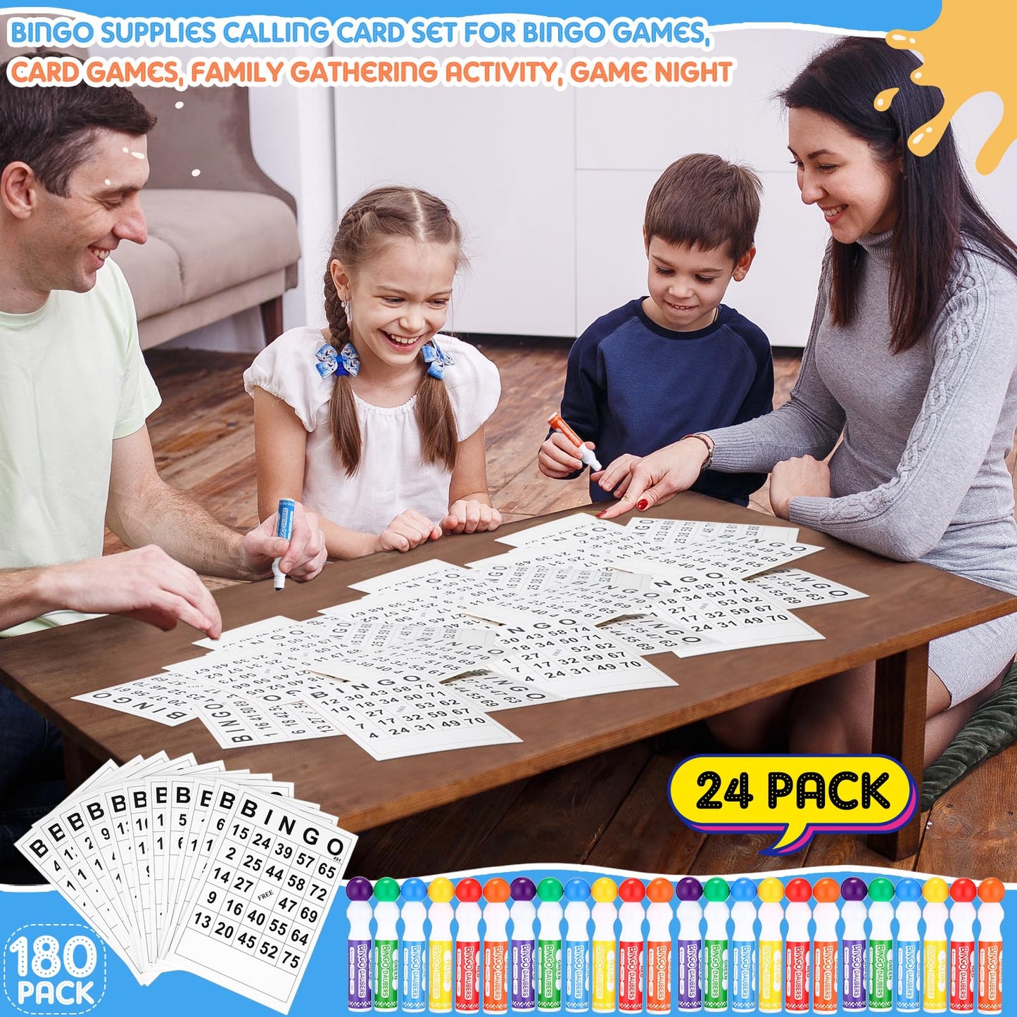 Crtiin 204 Pack Bingo Game Cards and Bingo Daubers Set Includes 180 Disposable Paper Game Sheets, 24 Mixed Colors Dot Markers Party Supplies for Card Games Activity Family Gathering Night